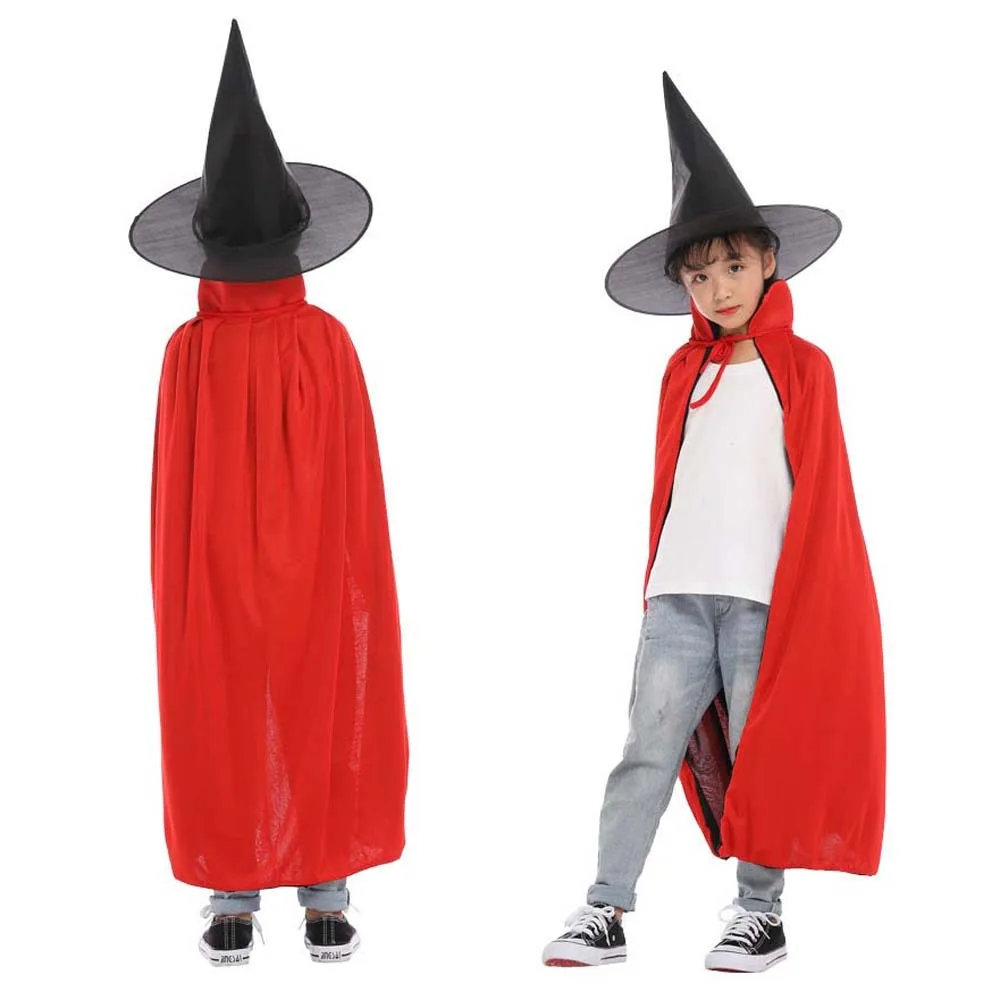 Death Reaper Magician Cloak Halloween Cloak with Hat Performance Costumes Black Red Wizard Robe Cosplay Double Layer