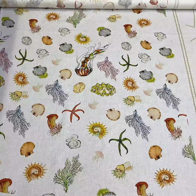 

Shell and Coral Pattern Printed Natural Linen Fabric For Blouse/Dress Telas Para Costura Tissus DIY Sewing Material
