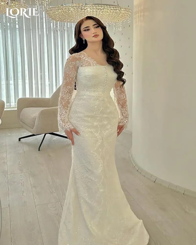 LORIE Muslim Wedding Dress Appliques High Collar Lace Bridal Gown Customized A-Line Church Bride Dress Saudi Party Dress Dubai