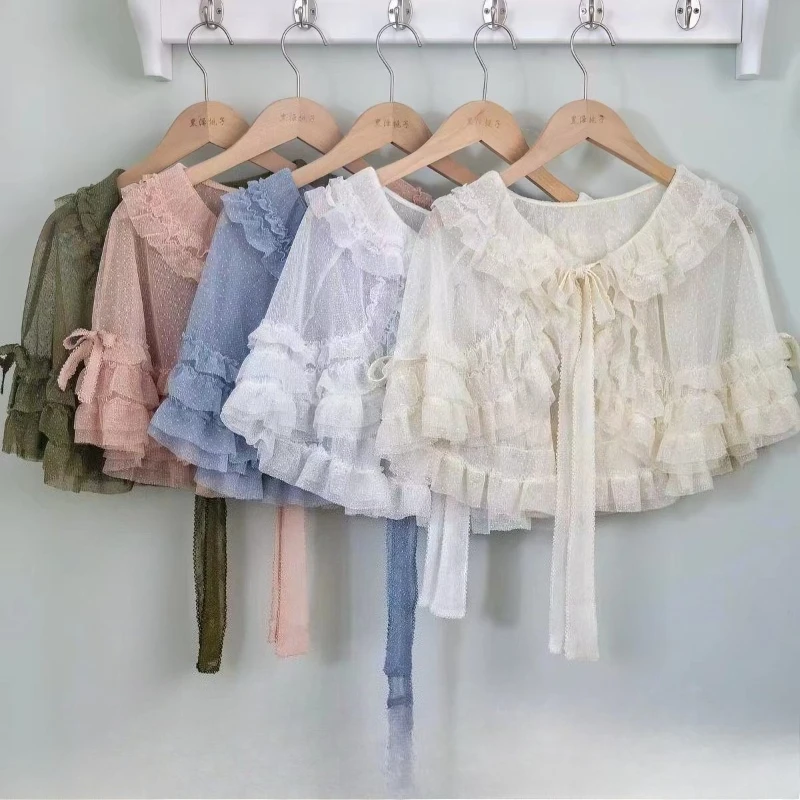 Summer Sweet Lolita Short Shawl Coats Women Kawaii Ruffles Lace Mesh Bow Open Front Poncho Vintage Elegant Princess Capes Wrapa