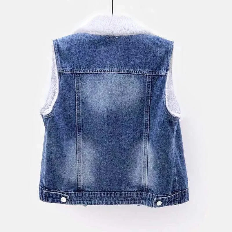 Autumn Winter Jean Vest Women Street Trend Sleeveless Fleece Liner Short Denim Jackets Boyfriend Style Lapel Warm Plush Chalecos