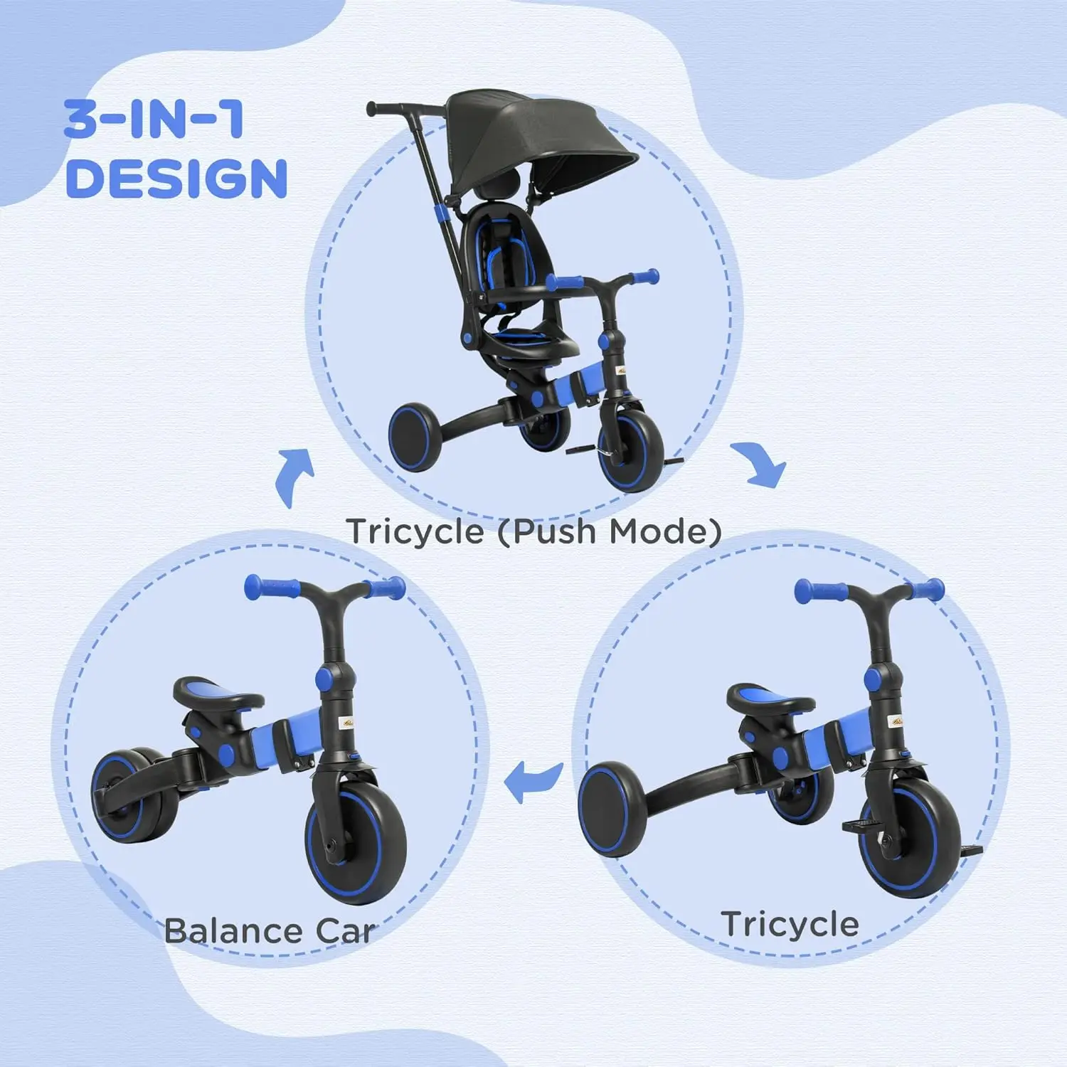 3-in-1 Toddler Trike, Push Tricycle, & Balance Bike with Adjustable Settings, Toddler Push Bike, Baby Bike with Shady Canopy, Ag