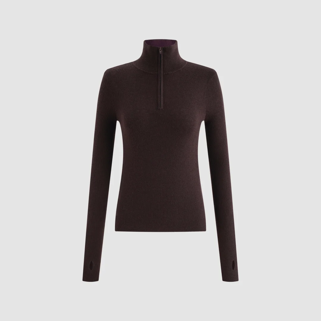 2026 Women's Merino Wool Blend Half-Zip Base Layer Top Brown Ribbed Knit Thermal Undershirt with Thumbholes Winter Warm Pullover