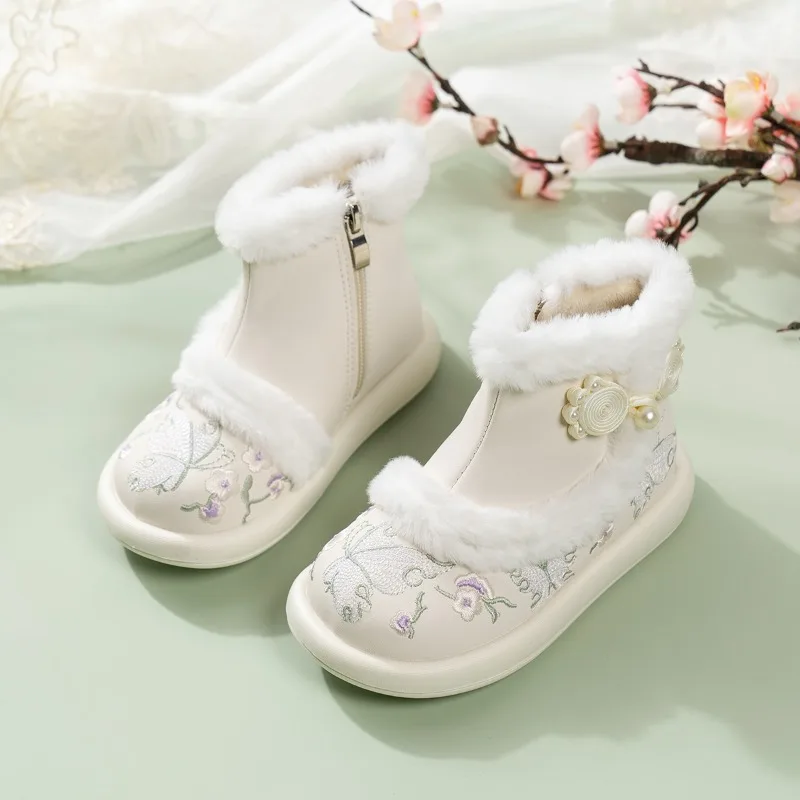

Winter Kids Furry Hairy Boots National Style Sweet Snow Boots for Girl Warm Fashion Children Embroidered Cotton Boots Elegant