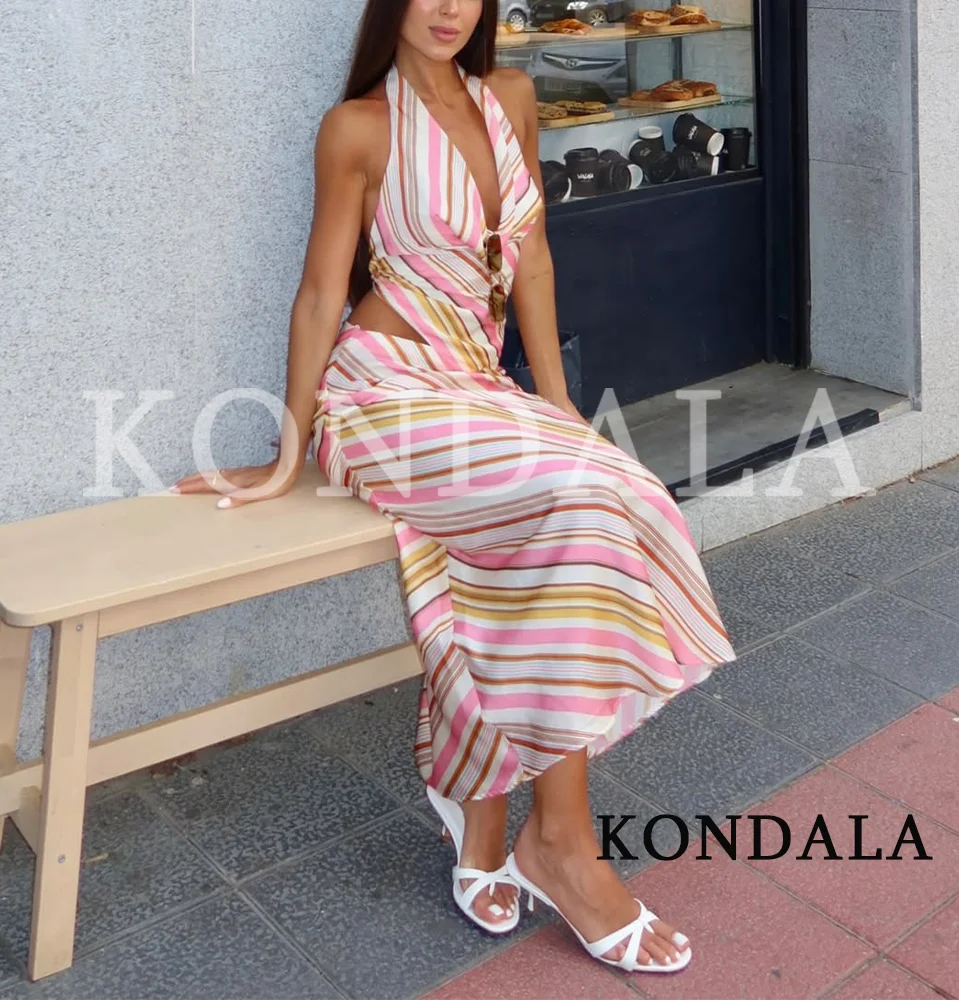 

KONDALA Women Elegant Chic Striped Skirt Set Halter Tops,Elastic Waist Midi Skirt 2026 Summer Stylish High Street Holiday Set