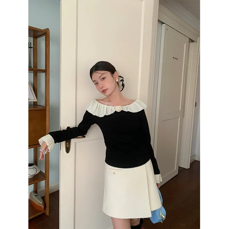 

Winter French Sweet and Fresh Hepburn Light Tulle Stitching Knitted One-word Collar Bottoming Top Women