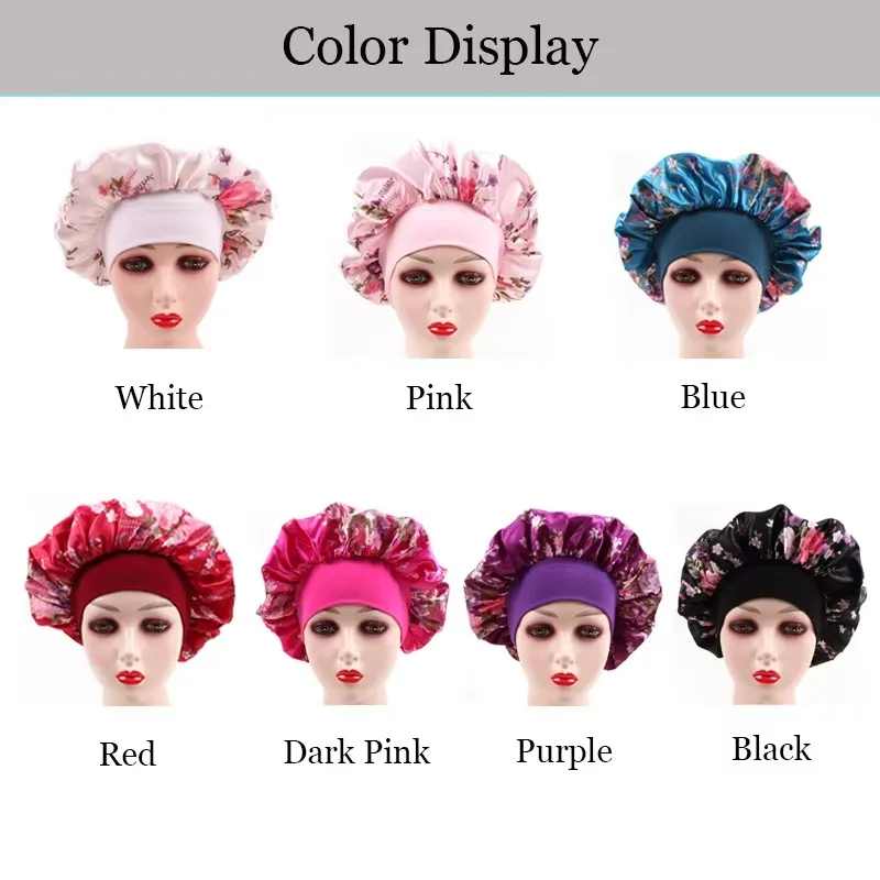 Plussign Satin Bonnets For Women Night Sleeping Cap With 6Cm Wide Elastic Band Floral Print Silky Headwrap Ladies Hair Cover Hat