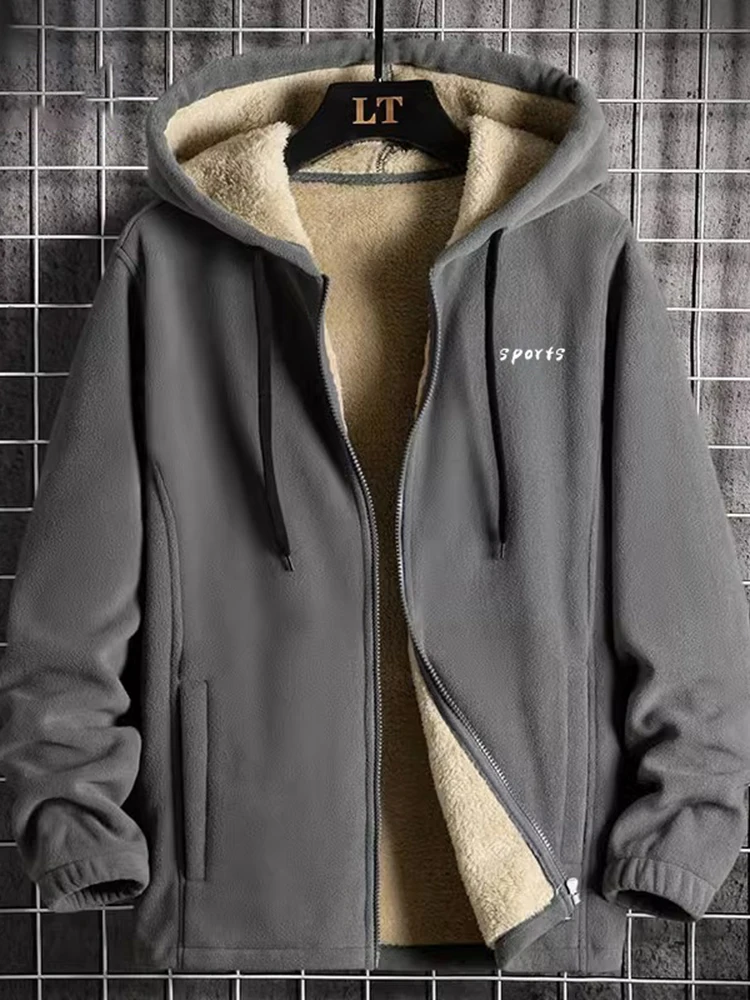 Autumn Winter Lamb Velvet Hooded Jaet Trendy Spor Men's Fce Knit Cardigan High Quali Embroidered Outerwear