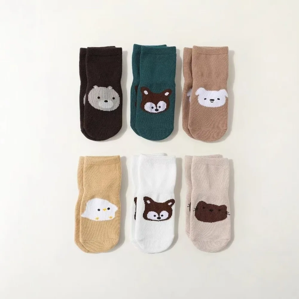 6 Pairs Cute Fox Pattern Floor Socks Anti-Slip Bear Pattern Cartoon Pattern Socks Breathable Comfortable Toddler Socks