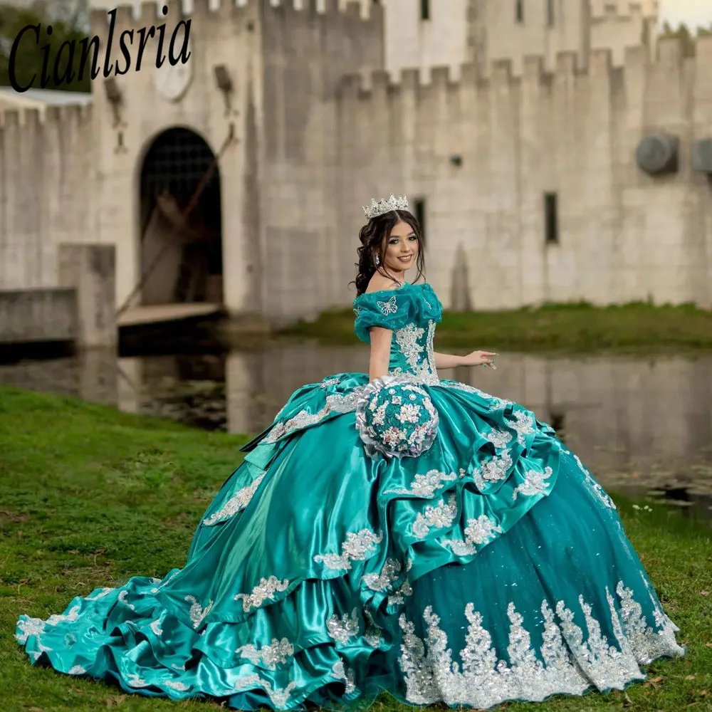 Vestido De quinceañera Floral verde De lujo con hombros descubiertos, apliques De cristal, 15 Años, dulce 16, vestidos De graduación