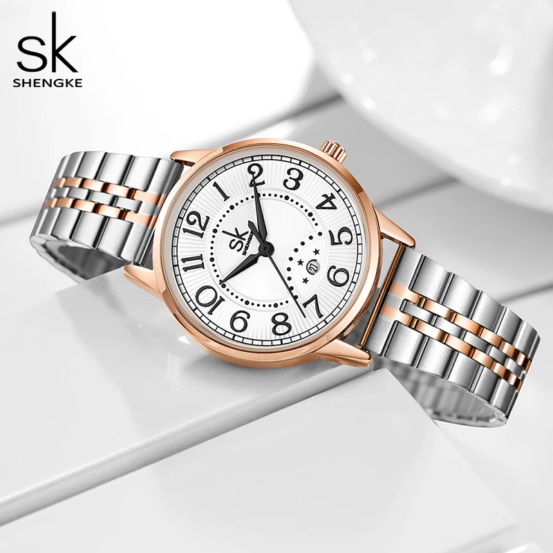 Shengke-relógio pulseira para mulheres, marca de moda, pulseira, vestido, impermeável, data, relógio, presente