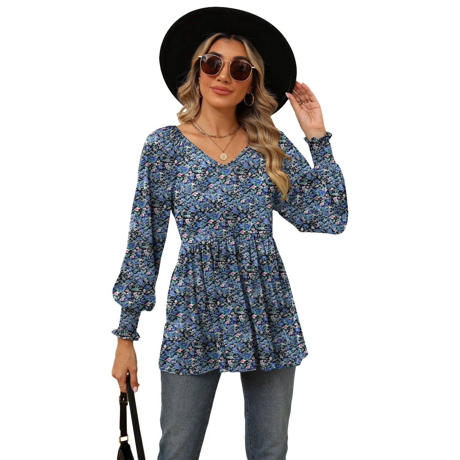 Women's Cotton Printed Floral Blouse with V Neck Puff Sleeves Ruffle Trim Casual T-Shirt Style Women's Shirt with Smocked Waist