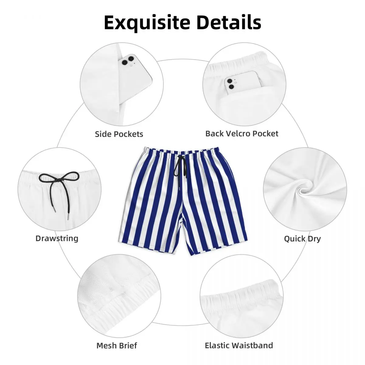 Nautical Design Board Shorts Summer Vertical Navy Blue Stripes Board Short Pants Men\'s Quick Dry Casual Design Swimming Trunks