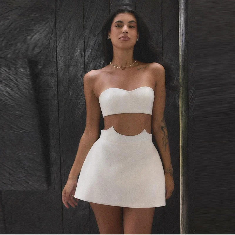 

Summer Set White Mini Skirt Strapless Backless Off Shoulder Slim Vest Sexy Elegant Date Beach Party Wear for Women