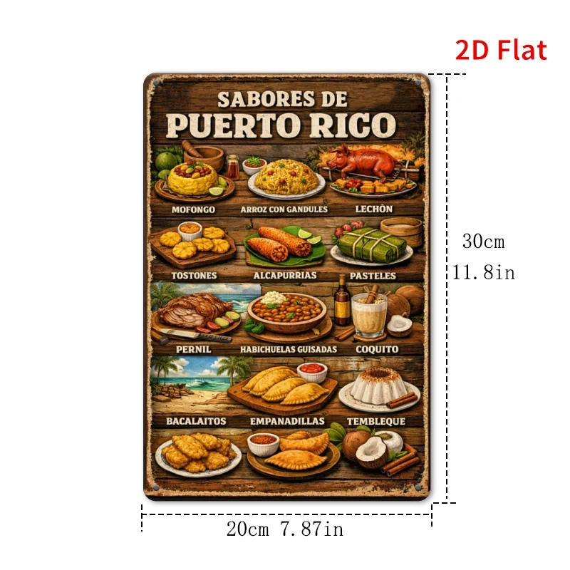 CIFBUY Vintage Puerto Rico Food Sign Aluminum Wall Art Waterproof Durable Decor For Kitchen Dining Room