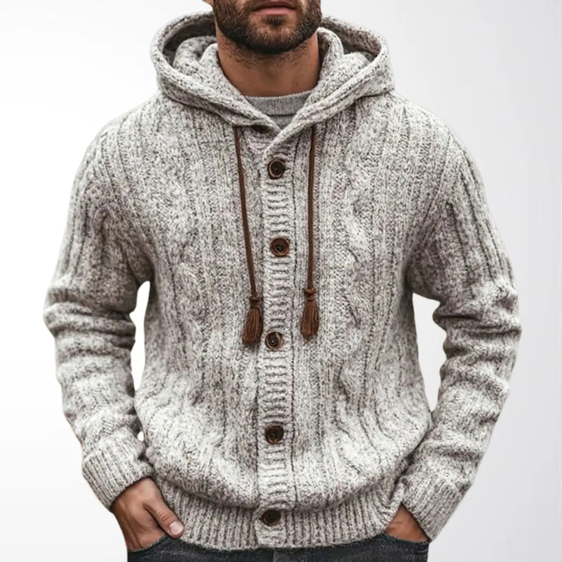 

Мужской вязаный кардиган с капюшоном, удлиненный, осенне-зимний, повседневный, из меха и вельвета, теплый, модель SY037