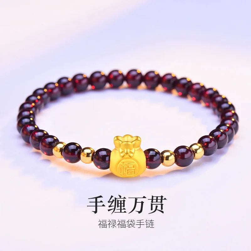 

Gold 3D Bag Women's Natural Garnet String Golden Balls Agate Lucky Beads Bracelet Gifts Girlfriend Hands