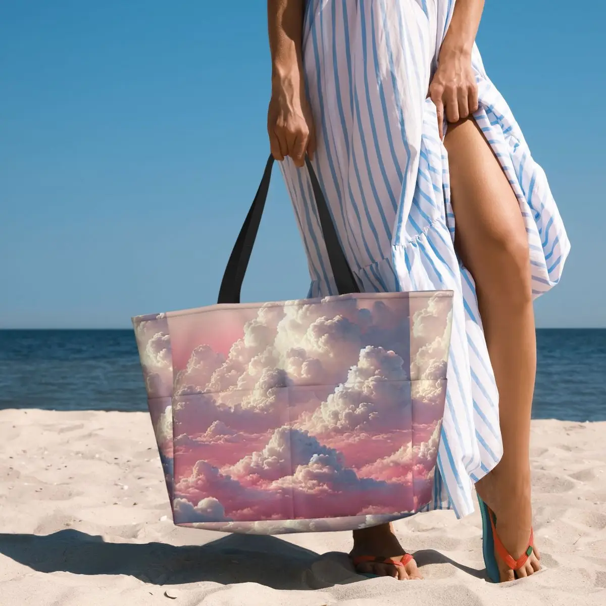 Pink Clouds Sky Large Sunset Glow Beach Tote Bag Sport Gym Yoga Duffle Large Tote Bag Women Travel Bag Fitness bag