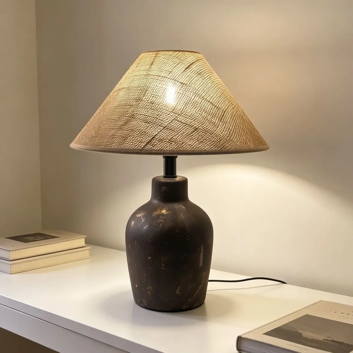 Rustic French Ceramic Table Lamp Antique Distressed Pot Body Linen Shades Matte Black Finish Decor Lamp For Nightstand Apartment