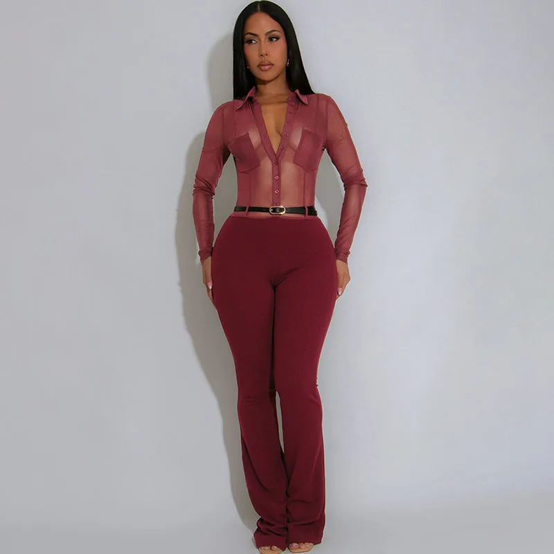 

Sexy Sheer Mesh Patchwork Bodycon Jumpsuit Women Long Sleeve Button Turn-down Collar Pocket Club One Piece Rompers and Jumpsuits