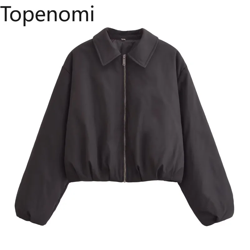 Topenomi Bomber Jacket Women American Retro Casual Zipper Lapel Tops 2024 Autumn Winter Black Simple Loose Short Parkas Coat Eam