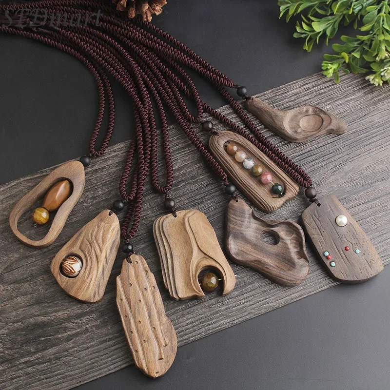 SEDmart Vintage Sandalwood Natural Stone Pendant Necklace for Women and Girls Long Sweater Chain Adjustable Jewelry GiftSouvenir