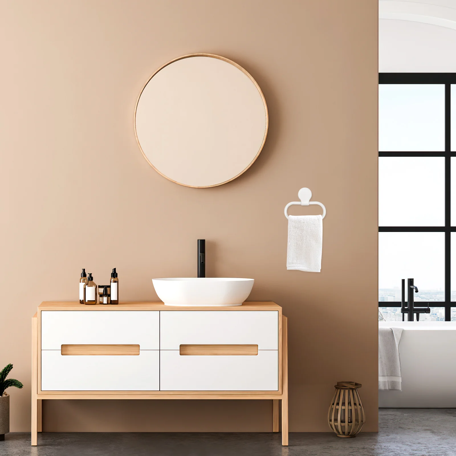 

Towel Ring White Premium Abs No Drilling Self-Adhesive Bathroom Kitchen Towel Holder Modern Style Waterproof Rustproof