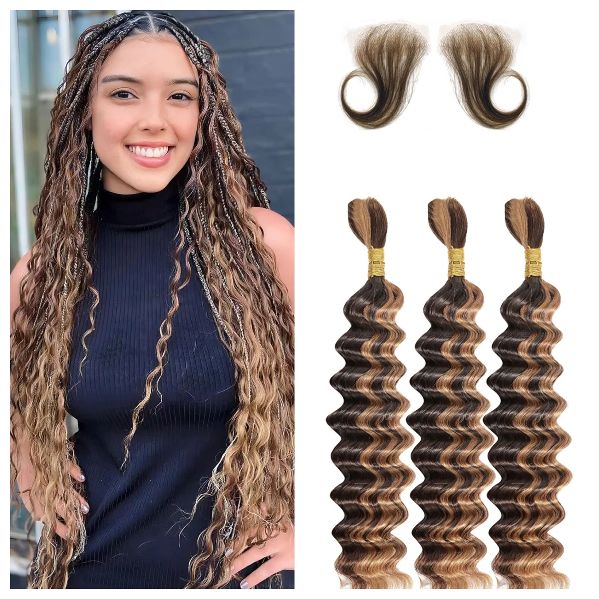 

28 Inches Deep Wave Highlight Ombre Bulk Human Hair For Braiding No Weft 100% Virgin Hair Curly Extensions For Boho Braids