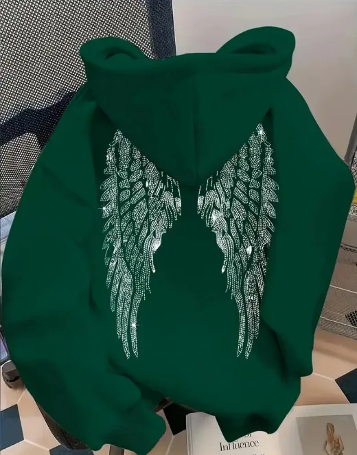 Women Oversized Hoodie Angel Wings Print Pullover Long Sleeve Loose Fit Streetwear Casual Sweatshirt