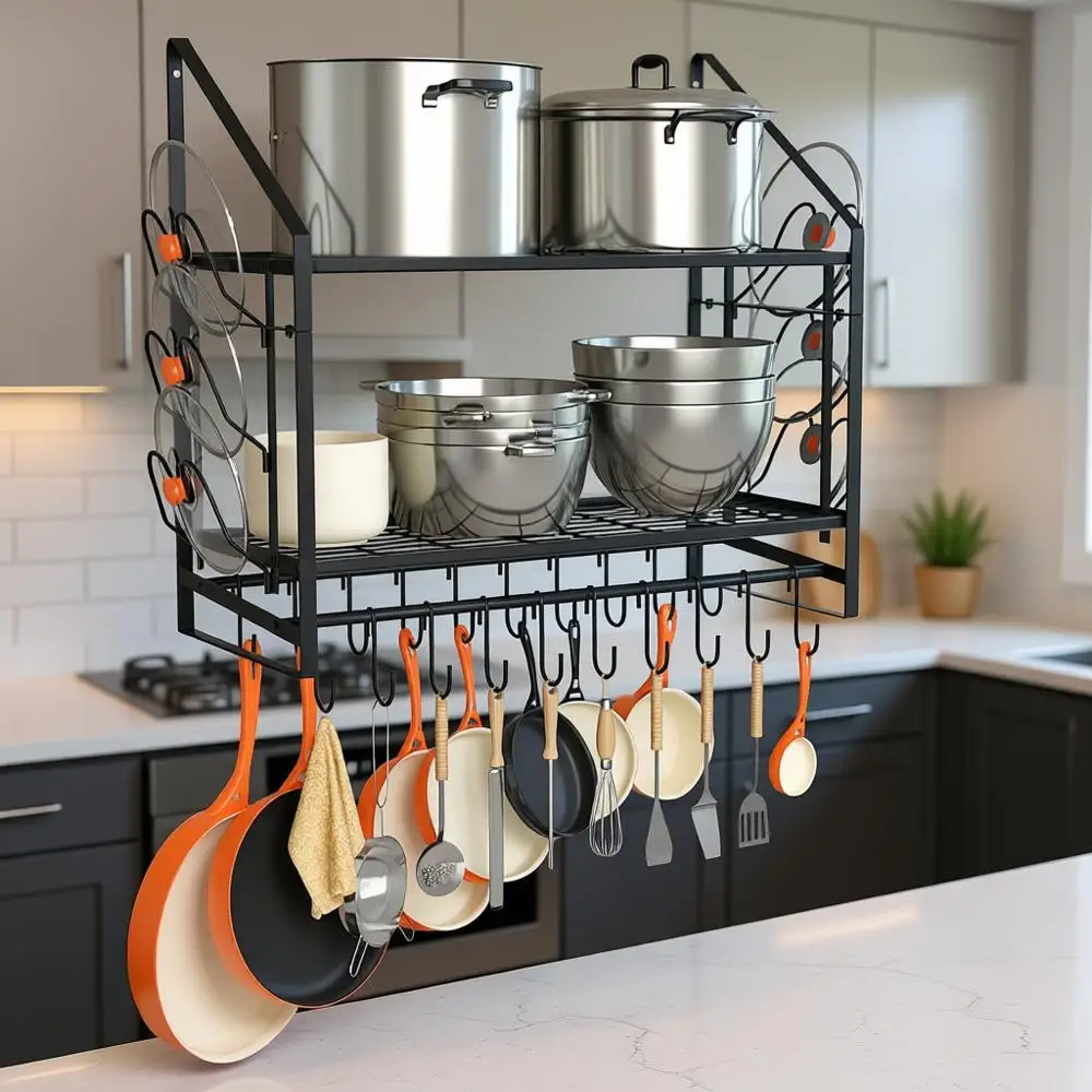 

Настенная подставка для кастрюль 28 дюймов, 2-уровневый органайзер с 20 крючками и 6 держателями для крышек, сверхпрочная стальная вешалка для кастрюль и сковородок для кухни