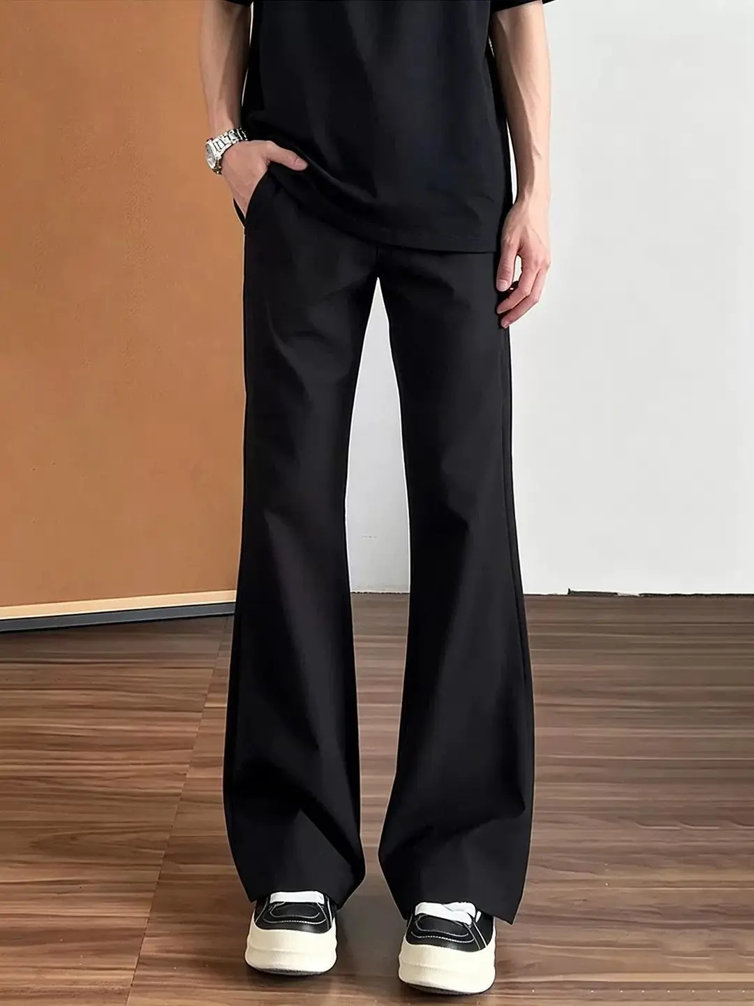 Black Slim Fit Ice Silk Straight Leg Pants Men's Luxury Style Cuffed Trousers Enhanced Waistline Slimming Effect Casual Wear
