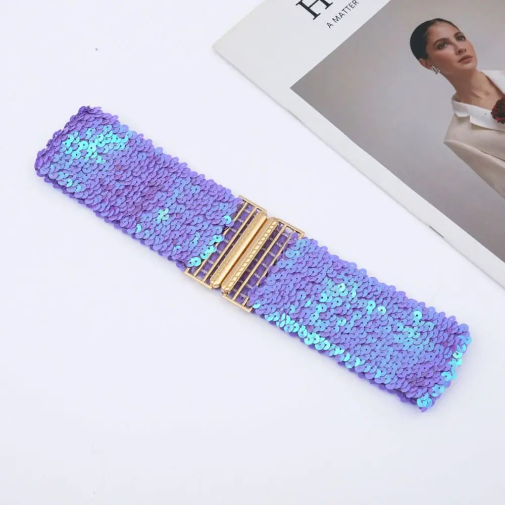 60cm Elastic Sequin Stretch Belt Gold Buckle Disc Eye Catching Shinny Waistband Versatile Professional Women's Belt Dresses