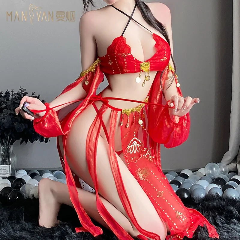 Tang Dynasty China sexy cosplay costumes erotic dresses see-through bar party uniform red Chinese antique-style hanfu lingerie