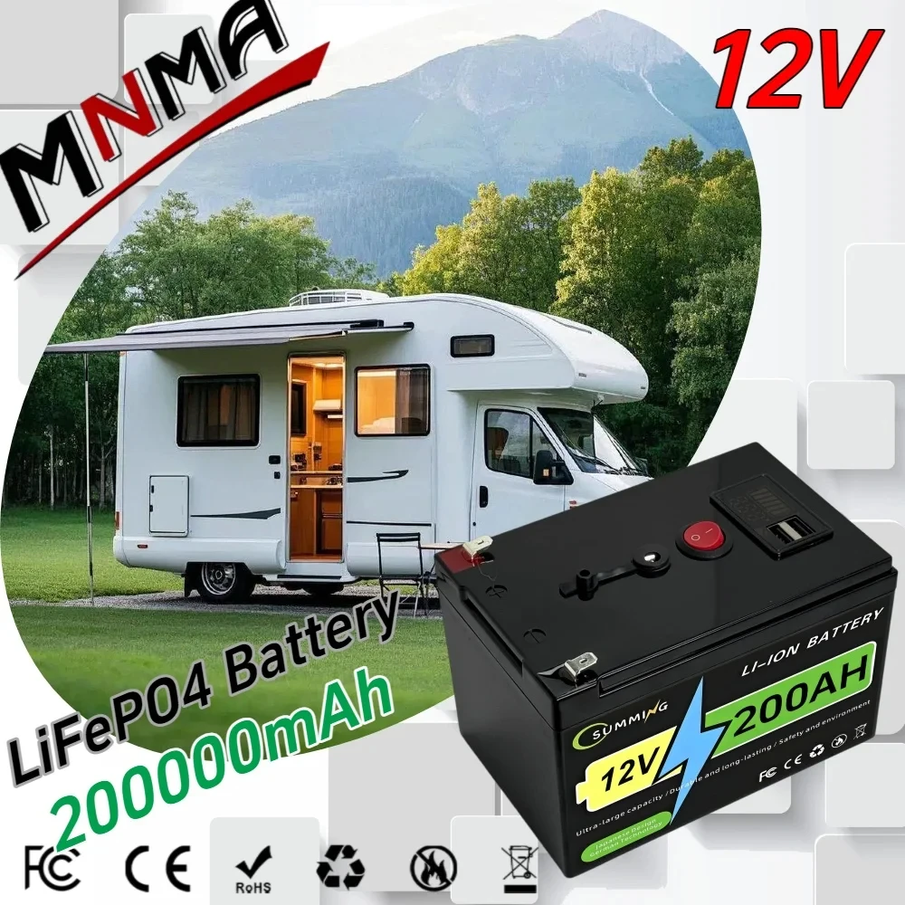 12V 180Ah 200Ah Lithium-Ionen-Akku mit integriertem BMS, hochkapazitätsstarker LiFePO4-Akku für die Notstromversorgung von Wohnmobilen