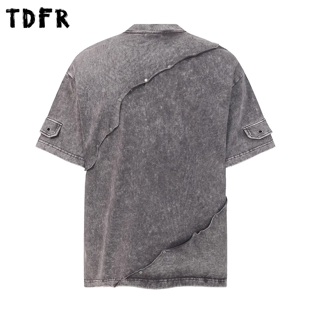 Spliced Distressed Short Sleeve T-shirt Mens Button Decoration Summer Cargo Loose Half-Sleeve Crew Neck Cotton Tee Man