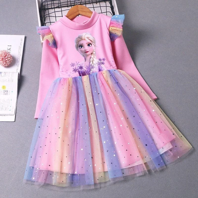 Girls Dress Disney Frozen Princess Dress Rainbow Long-sleeved for Children Gauze Kids Dress Elsa Anna Birthday Party Clothes