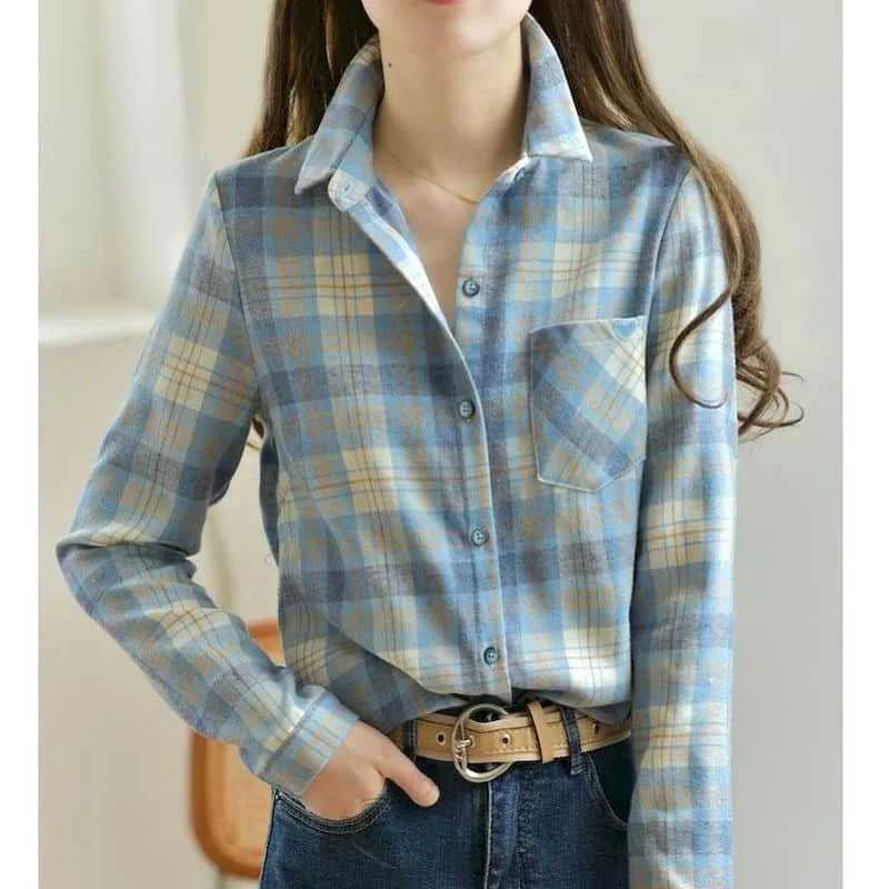 

Клетчатые рубашки для женщин, большой кардиган с воротником-поло, повседневная однобортная блузка с длинными рукавами в корейском стиле, женские топы