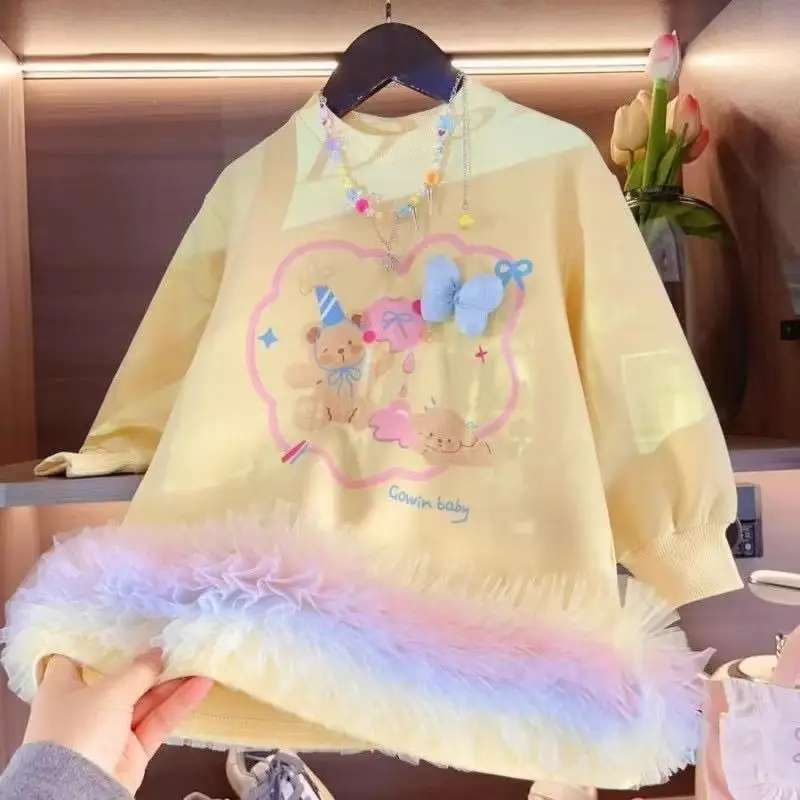 

2025 New Skirt Spring Korean 2-7Y Girls Dress Baby Cartoon Print Lace Lace Mesh Sweater 90-140cm Dress
