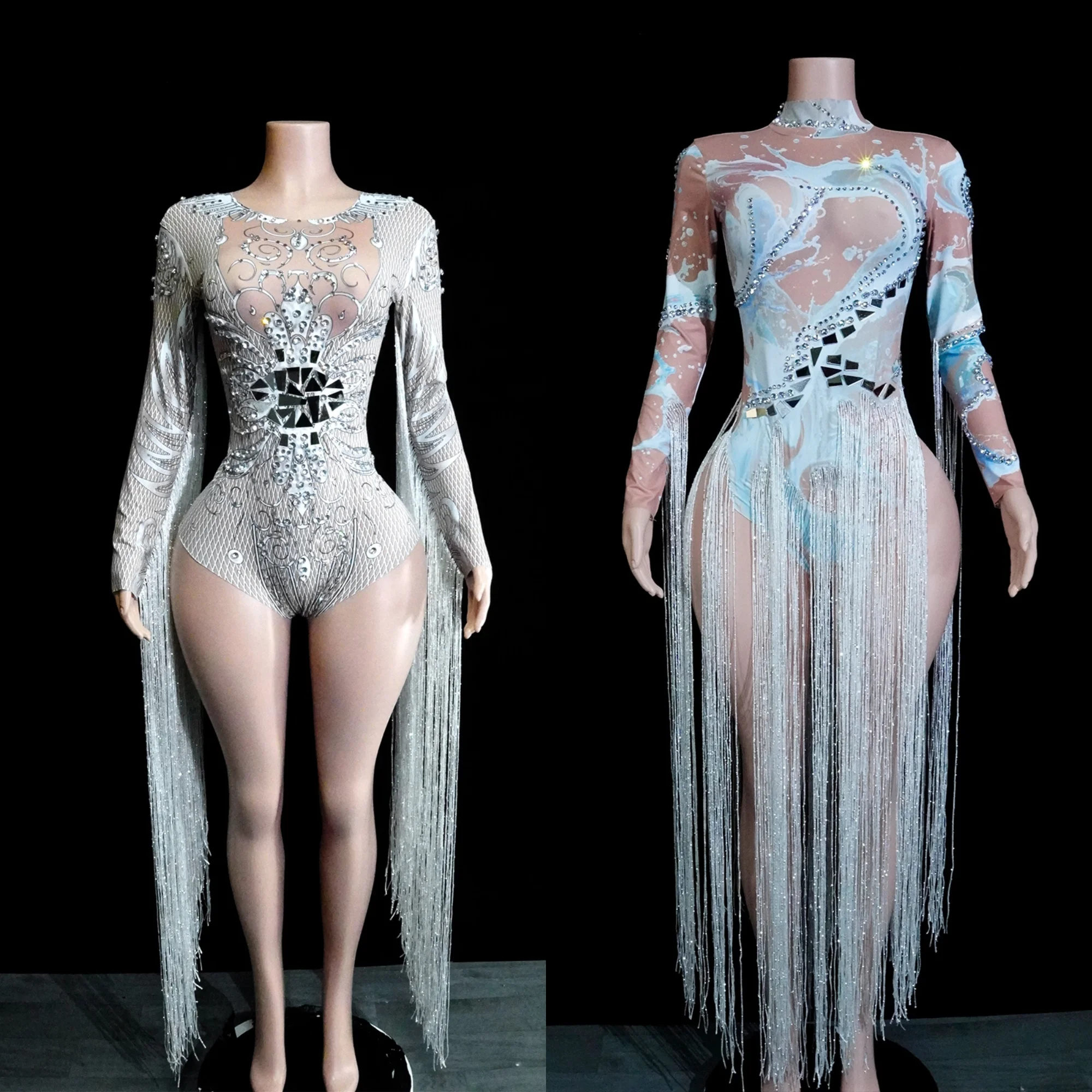 

Fringe Rhinestones Tassel Sleeve Bodysuit Drag Queen Dance Costume Nightclub Bar Women Dancer Singer Gogo Stage Wear Leotard