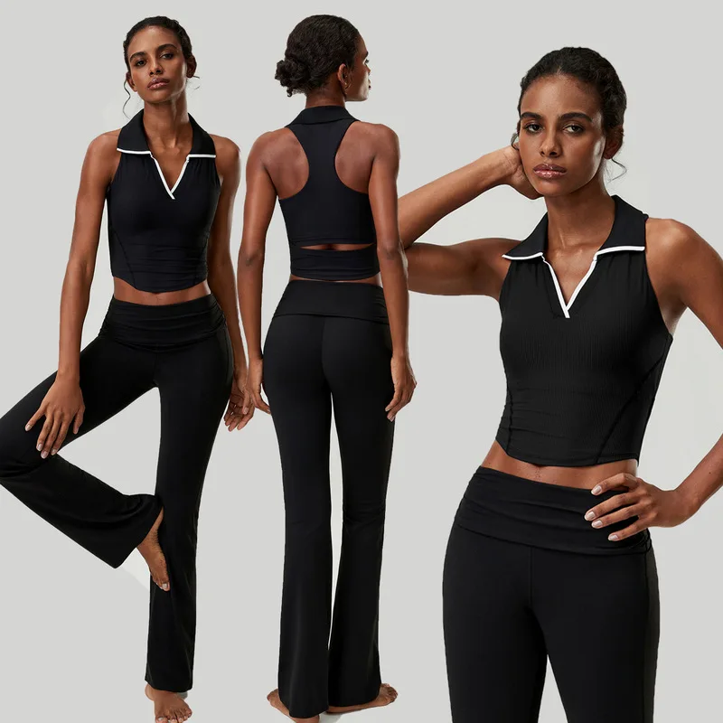 Women Stand Collar Ribbed Yoga Outfit 2 Piece Set Hollow Back Crop Tank Top Flared Leggings Plus Size Fitness Tennis Workout Set