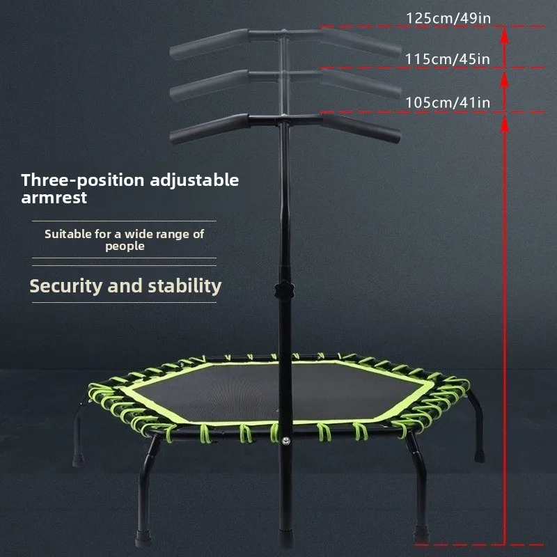 Indoor Fitness Adult Home Fitness Trampoline with Armrests 44 Inch Hexagonal Trampoline Elastic Rope Trampoline Body Building