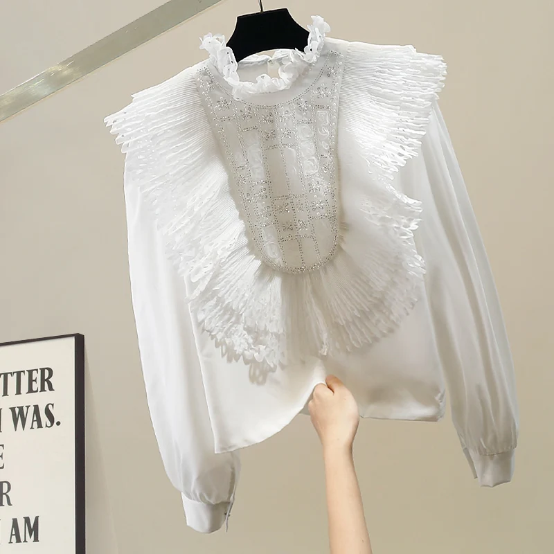 

Модная женская блузка с тяжелой вышивкой и кружевом, с длинными рукавами, плиссированная, с эффектом стеганой ткани, премиум-класса, повседневная, свободного кроя.