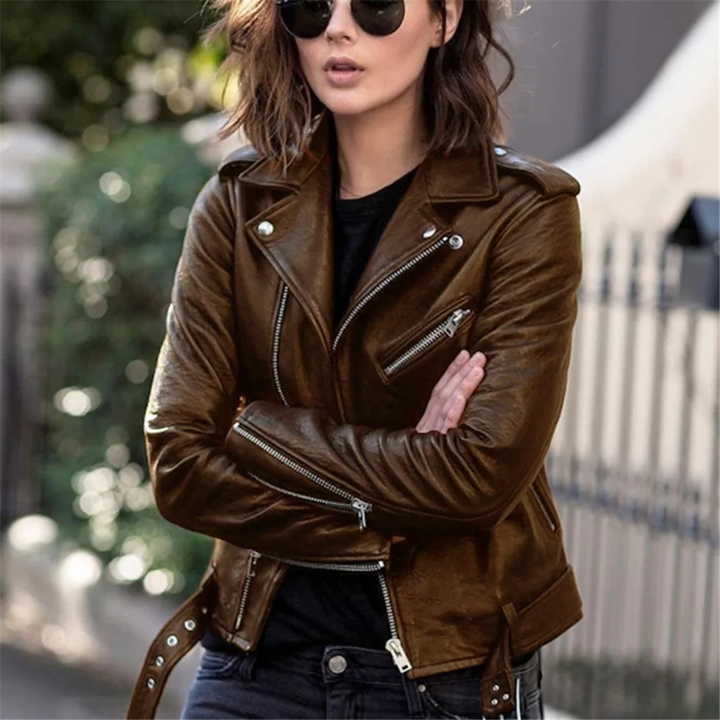 النسخة الكورية من ضئيلة بولي Leather سترة جلدية النساء 2022 الخريف الشتاء دراجة نارية جديدة طويلة الأكمام جلدية قصيرة معاطف