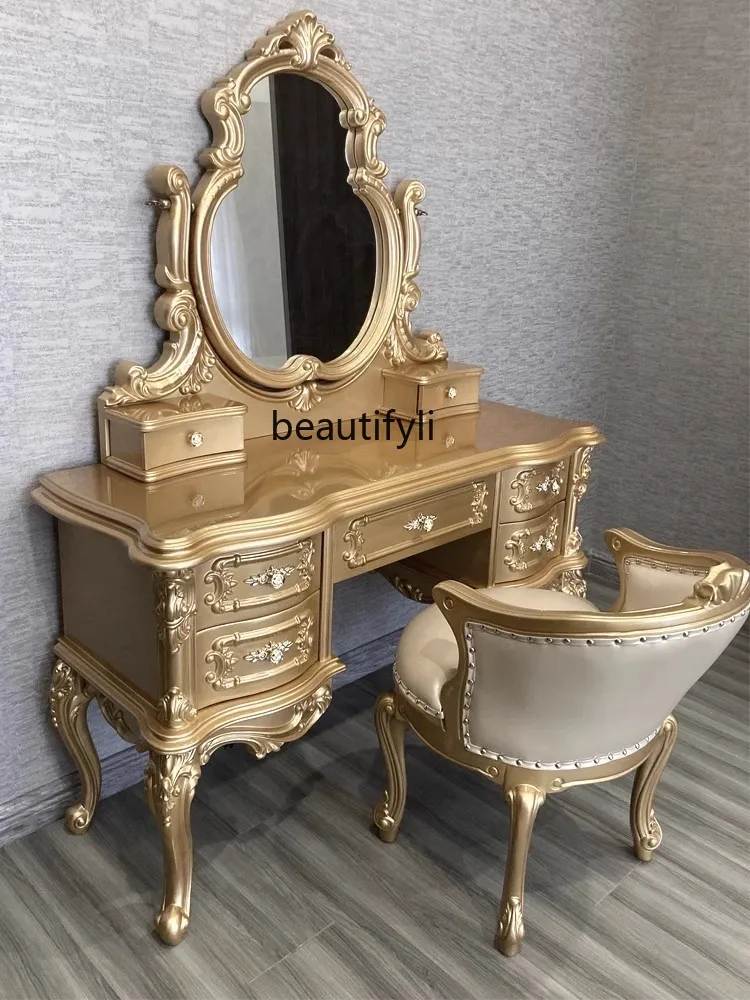 European style dressing table villa luxury makeup table with mirror makeup stool French solid wood carving 1.35 meters