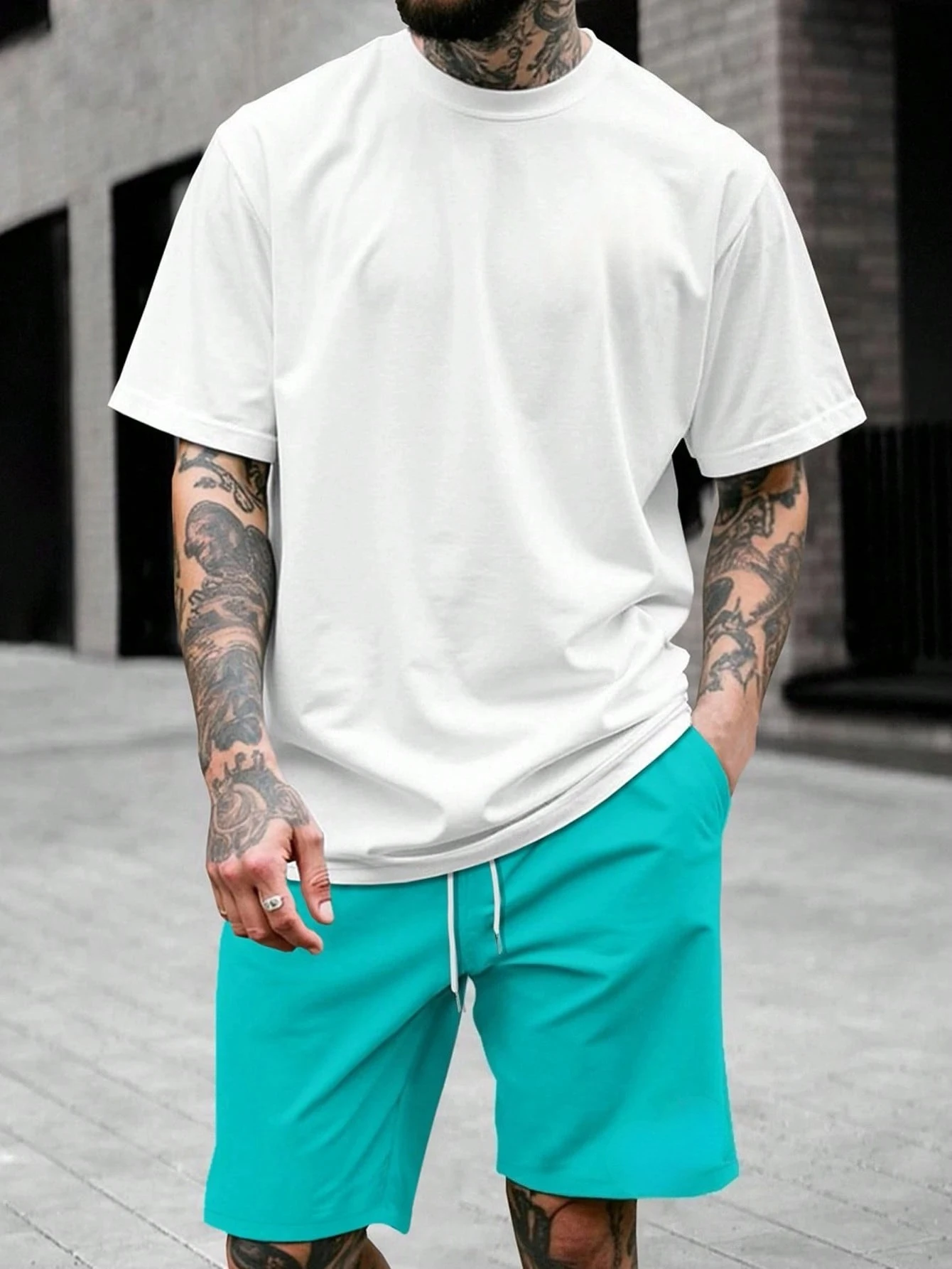 

Men's 2 Piece Outfit Simple HK Logo Print Oversized T-shirt and Shorts Set Summer Casual Streetwear Tracksuit White Teal