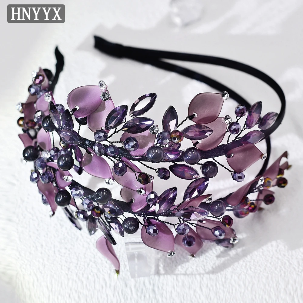 HNYYX Purple Rhinestone Headband Crystal Beaded Hair Accessories Luxury Vintage Hairpiece Party Headwear Wedding Hair Tiara A143