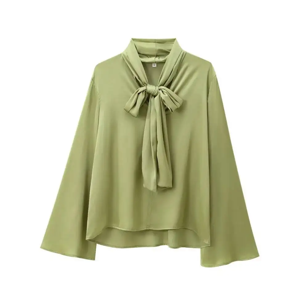 منتج جديد لخريف وشتاء 2025 ملابس نسائية غير رسمية قميص فضفاض على الموضة مزين بفيونكة ورقبة دائرية وأكمام طويلة