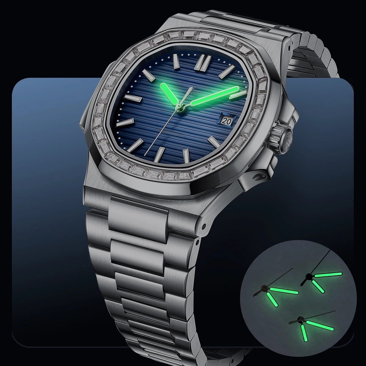 Wskazówki do zegarków NH35, niebieskie wskazówki z czarną krawędzią i zieloną lumą, do kwadratowych kopert, pasujące do mechanizmów NH35 NH36, do zegarków kwadratowych.