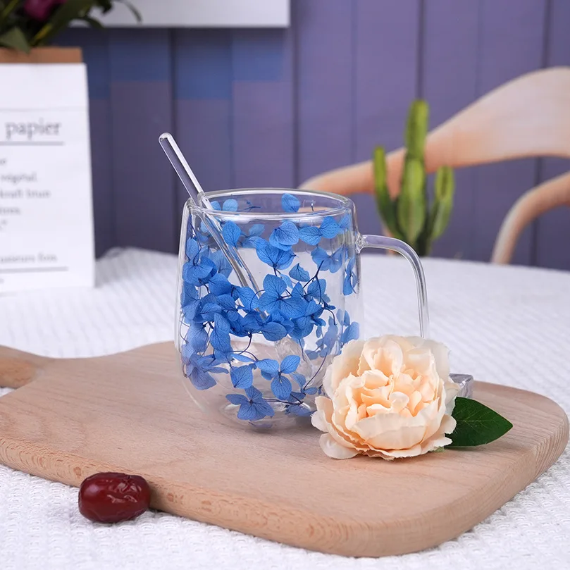 Creative Real Flower Double Glass High Appearance Level Full Star Dried Flower Milk Coffee Glass Household Cup Supplies