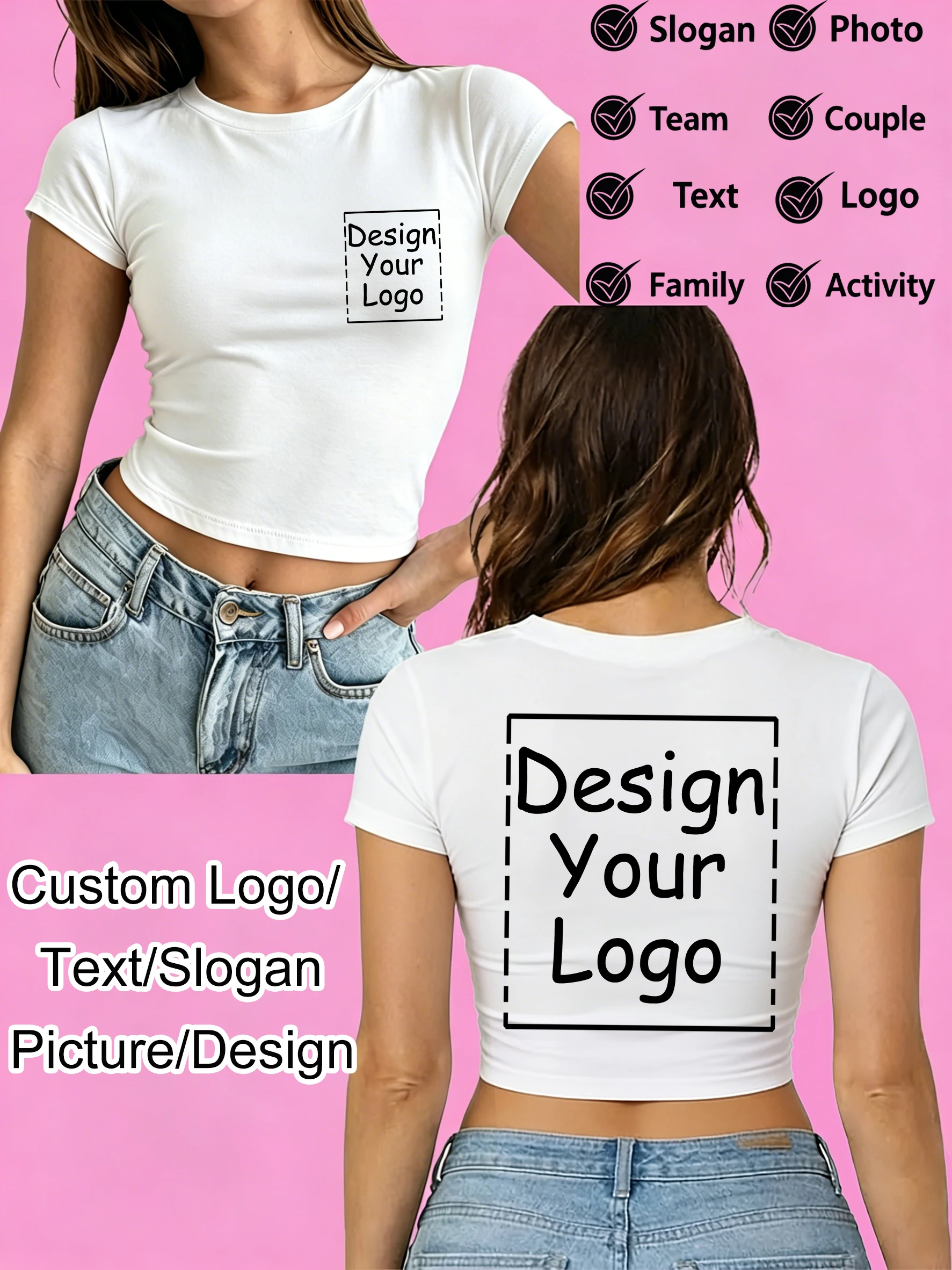 Double-sided Customize Logo Picture Women T Shirt Summer Comfortable Crop T-Shirt Cotton O-Neck Tee Top Tight Y2K Short Sleeve